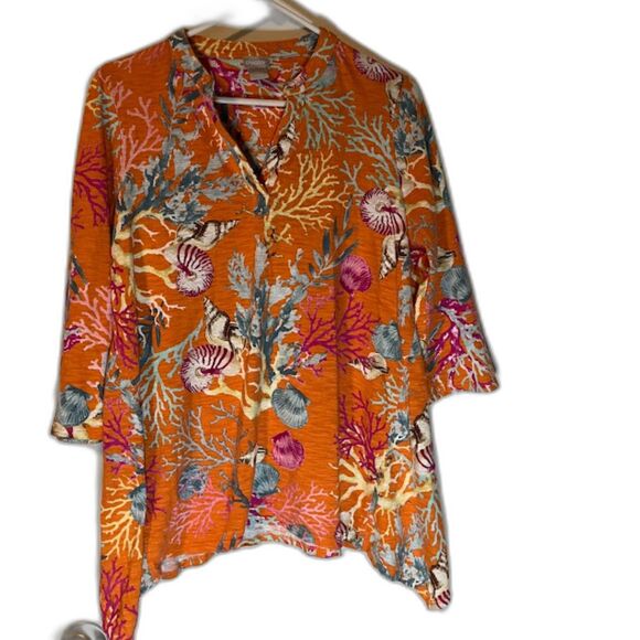 Chico's Tropicalcore Orange/White/Blue Shells & Coral Sides Longer Casual Top M - Picture 1 of 4